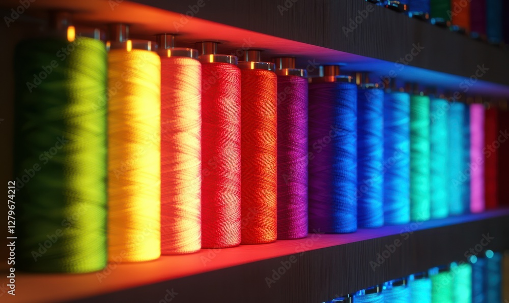 Poster vibrant close-up of colorful spools of thread arranged on a shelf, bright soft light illuminating th