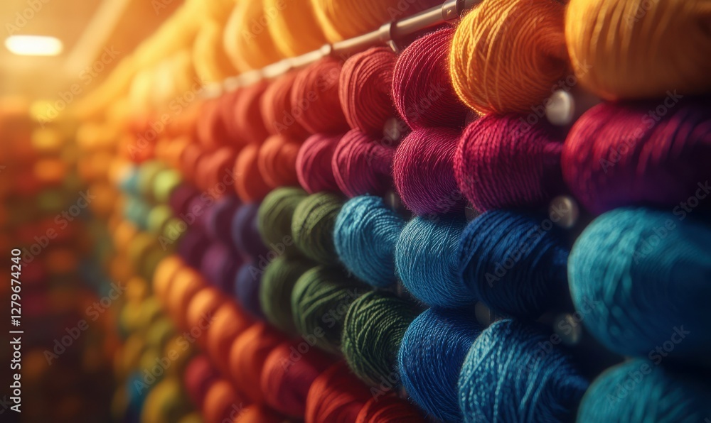 Poster vibrant close-up of colorful threads neatly arranged on a rack, soft warm light adding depth and vib