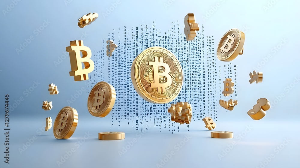 Aufkleber 3D rendering of the Bitcoin digital currency symbol soaring upwards on a futuristic financial data display screen representing the growth and success of cryptocurrency in the modern digital economy