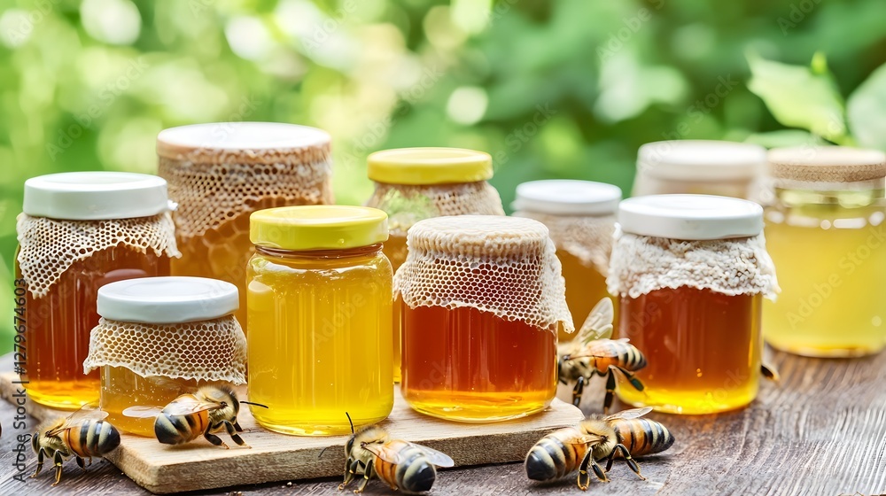 Poster a bountiful beekeeping farm showcases its organic honey production with an array of artisanal honey 