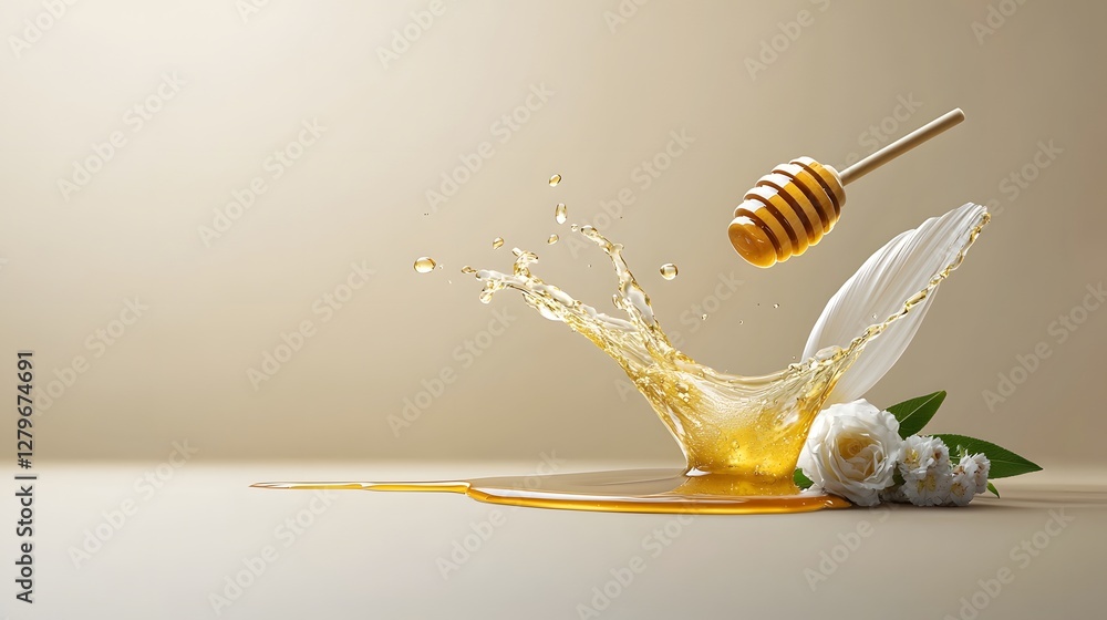 Aufkleber A captivating image showcasing a high speed photograph of a golden honey splash forming a dynamic and fluid shape in mid air against a neutral background