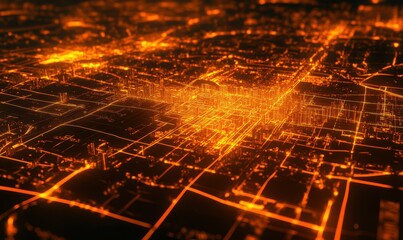 Vibrant digital city map with glowing orange grids, futuristic urban design blending tech aesthetics with bright neon lights,