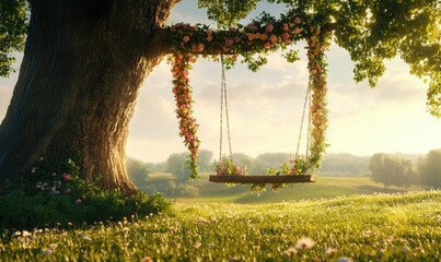 Rustic garden swing adorned with floral garlands, suspended from an ancient oak tree in a sunlit meadow.
