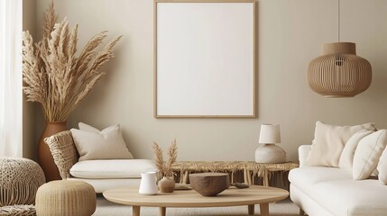 Elegant living room featuring ISO size framed poster with minimalist art The neutral tones and modern decor enhance the sophisticated ambiance creating a stylish and inviting space