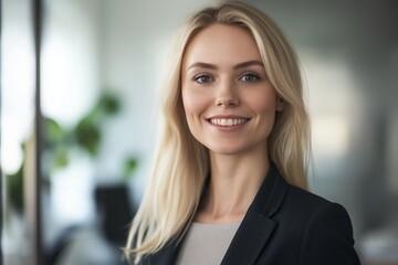 Naklejka premium Portrait of a beautiful smiling businesswoman wearing a suit standing in modern office, successful professional woman at work enjoying her job, female executive manager leading a team