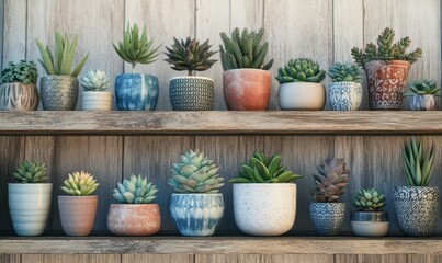 Fototapeta premium Vibrant display of succulents in a variety of ceramic pots arranged on a rustic wooden shelf, soft natural light highlighting the textures and colors,