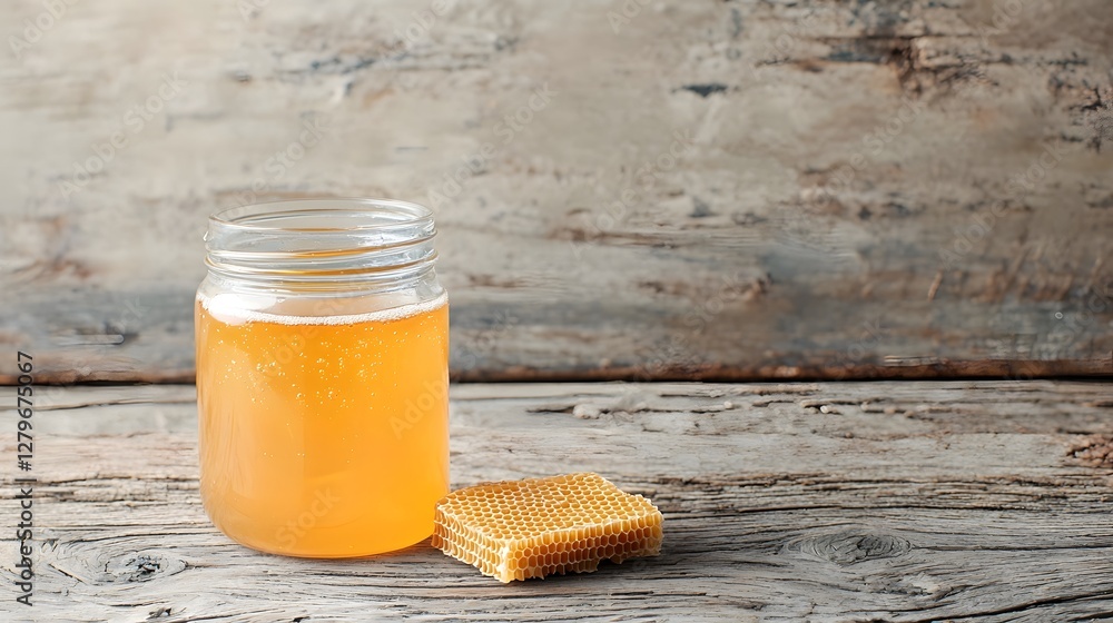 Poster a close up shot of a transparent glass jar filled with pure golden honey sitting on a rustic wooden 