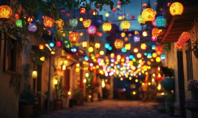 Vibrant festival scene with colorful decorations, happy faces, and glowing lanterns creating a joyful cultural celebratio