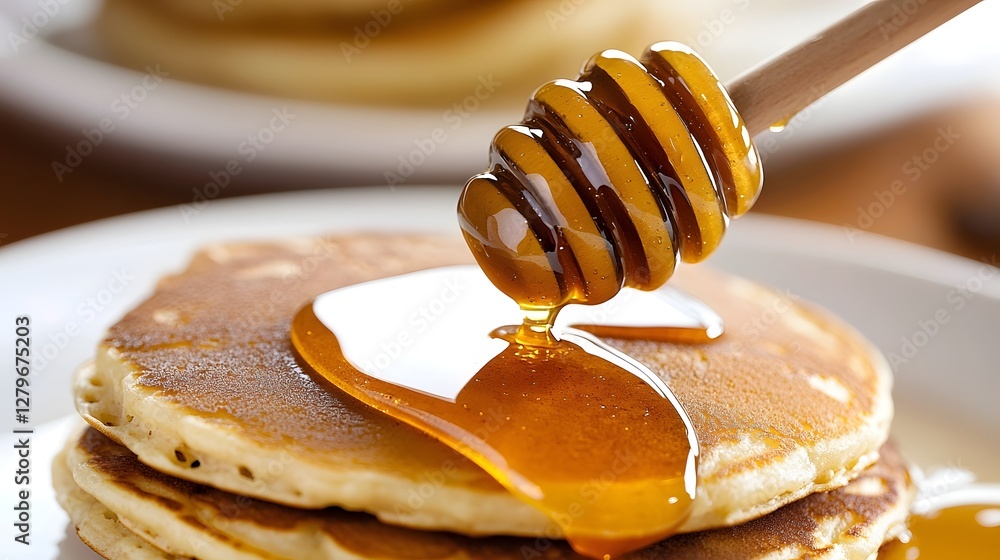 Poster a close up view of a honey dipper slowly drizzling rich golden honey over a stack of freshly made pa