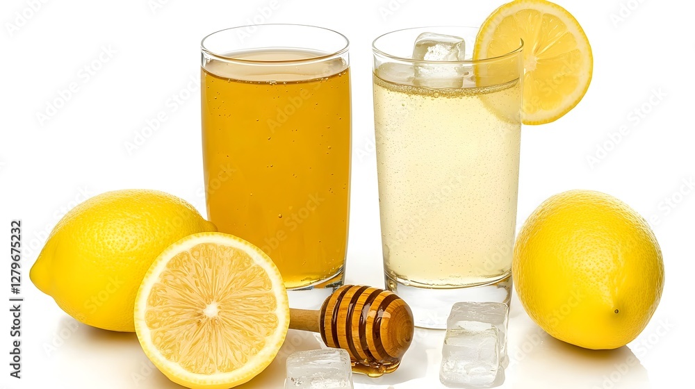 Poster a close up view of a refreshing glass of honey lemonade with ice cubes a perfect summer drink agains