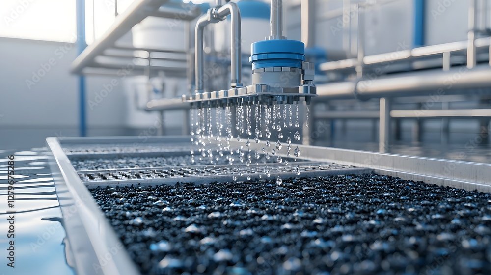Poster A close up view of water droplets as they pass through an activated carbon system showcasing the intricate process of water purification and the advanced technology involved in industrial scale