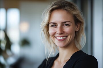 Fototapeta premium Portrait of a cheerful businesswoman smiling, exuding confidence and success in a modern office environment, showcasing leadership and professionalism