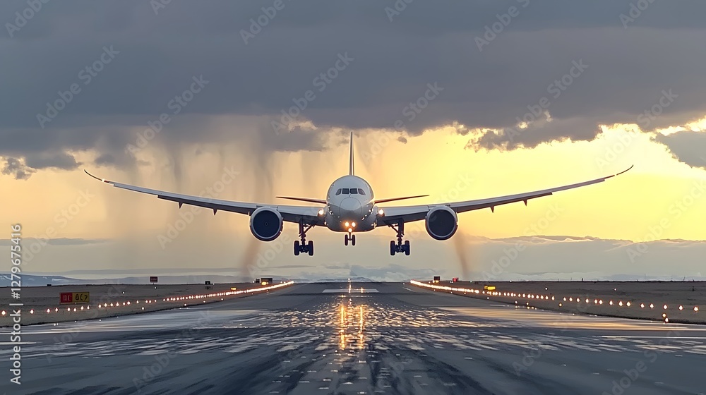 Aufkleber a commercial jetliner during a dramatic sunset landing with a mix of golden light and dark thundercl