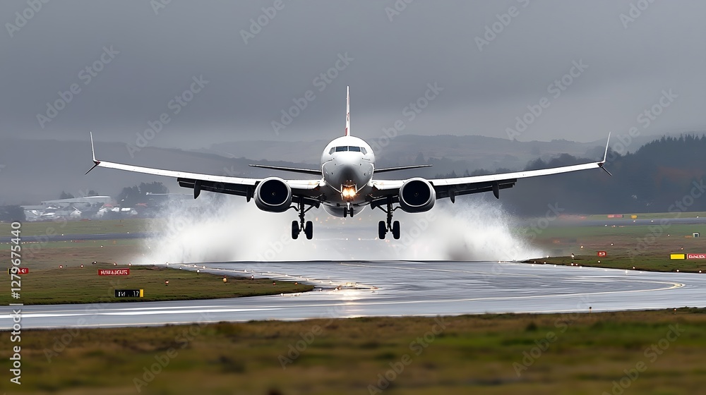 Poster a commercial passenger aircraft battling fierce wind shear conditions while attempting to land visib