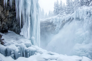 A frozen waterfall trapped in mid motion, with icicles hanging like crystal daggers and mist rising from the snow covered landscape.