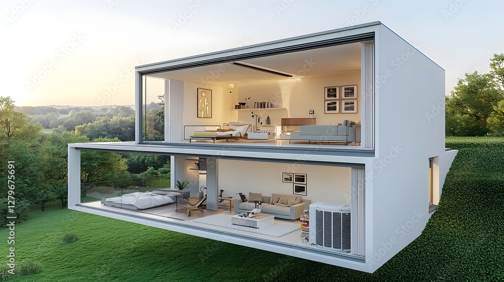 Aufkleber A cross section depicting the internal components and layout of a central air conditioning and heating system installed within the walls and structure of a modern residential house or home