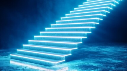 Concrete stairs with embedded LED lights, showcasing sharp geometry and a futuristic glow, set against a backdrop of smooth, minimalist interior design