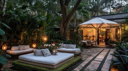 Rain-kissed moss and fresh garden herbs glistening under tropical light, creating a magical, organic setting