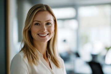 Fototapeta premium Confident and successful businesswoman smiling while standing in a bright, modern office environment, showcasing professionalism and leadership in the corporate world