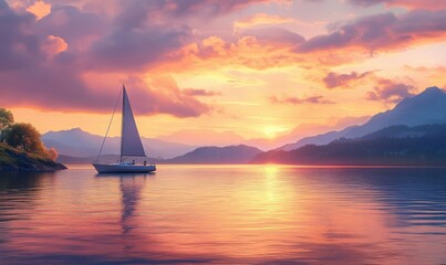 Fototapeta premium Scenic coastal view at sunset with a single sailboat gently floating on calm waters, the sky painted in rich orange, pink, and purple hues, peaceful evening mood,