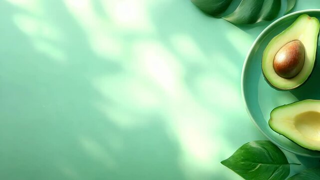 Sunny avocado halves in a tropical setting with leaf shadows