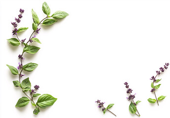 Naklejka premium Fresh sprig of basil with purple flowers and green leaves on white background
