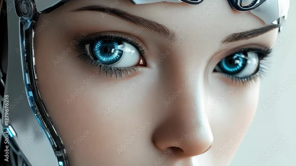 Poster futuristic android perspective: closeup sequence of advanced robotic features and humanlike eyes