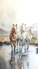 Obraz premium Watercolor painting of wild horses in a misty valley, ethereal light, fluid brushwork, no watermark, no brand, no license, no copyright