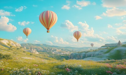 Obraz premium Vibrant hot air balloons floating gracefully above a lush green landscape, soft pastel tones blending into a bright blue sky, serene summer mood,