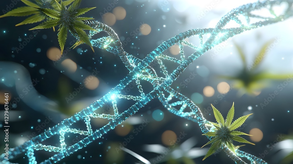 Aufkleber a futuristic and innovative biotechnology concept featuring a dna helix merging with cannabis leaves