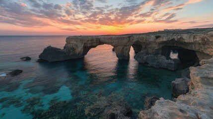 Spectacular sunset over the Ayia Napa coastline, highlighting the sea caves with soft pink and orange hues.