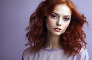 Fototapeta premium Beautiful confident photo model showcases vibrant makeup against a pastel color background in a studio setting, people and skincare, fashion theme concept. 