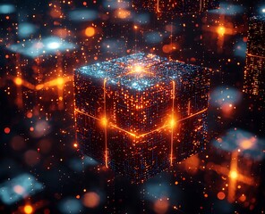 Obraz premium A digital cityscape with glowing interconnected cubes in a cyberpunk style, highlighted by cinematic lighting