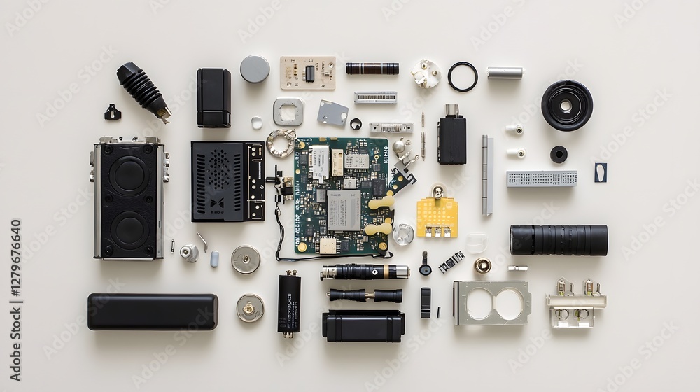 Aufkleber A highly detailed exploded view image showcasing the internal components and mechanisms of a walkie talkie device  The image provides a clear and analytical breakdown of the speaker battery
