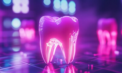 Vibrant neon tooth model with futuristic lighting effects, symbolizing modern dental technology.