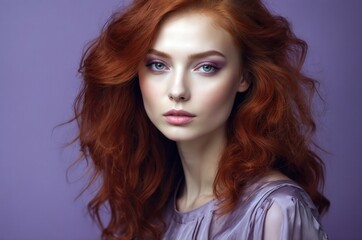 Fototapeta premium Beautiful confident photo model showcases vibrant makeup against a pastel color background in a studio setting, people and skincare, fashion theme concept. 