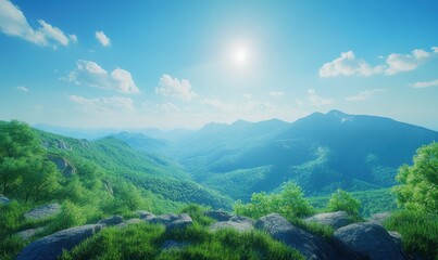 Naklejka premium Scenic mountain landscape with a clear blue sky, evoking feelings of peace, serenity, and nature's wonders.