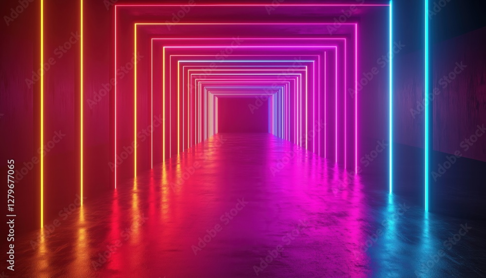 Poster abstract laser show at night: neon light render in darkness with ultraviolet spectrum beam scene for