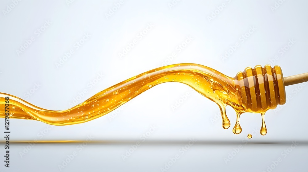 Poster a mesmerizing ultra close up of rich golden honey flowing and dripping in a smooth glossy stream the