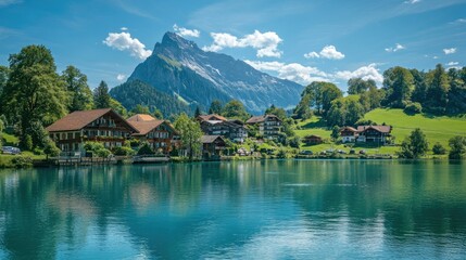 Fototapeta premium Swiss summer dream the lush greenery of Rosenlaui, crystal-clear waters of the Reichenbach River, and the towering Wellhorn in the background