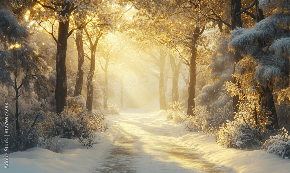 Poster scenic path through a snow-covered forest, soft golden sunlight filtering through the trees creating