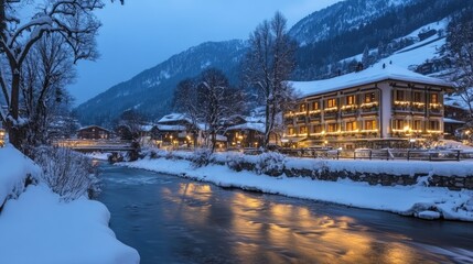 Fototapeta premium The golden hour in Rosenlaui the Wellhorn bathed in soft evening light, with the Reichenbach River shimmering through the alpine landscape