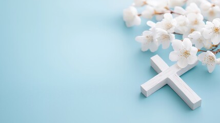 Vintage wooden cross entwined with white blossoms, resting on a minimalistic blue canvas with soft gradient highlights, perfect for Easter celebrations