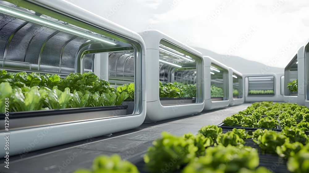 Poster A modern climate controlled greenhouse facility designed for efficient and sustainable vertical farming  Featuring advanced hydroponic systems automated controls