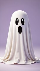 A white ghost with an open mouth and two eyes. The ghost is standing in front of a purple background