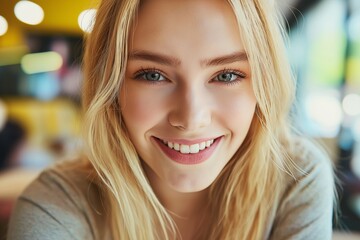 Obraz premium Close-up portrait of beautiful smiling young blonde woman with perfect white teeth showing happiness and confidence in a blurred indoor environment