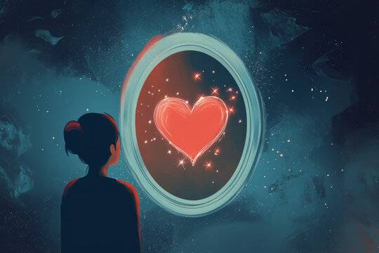 A digital illustration showing a person looking into a mirror where instead of their reflection, there a glowing heart surrounded by stars, symbolizing the journey of self acceptance and unconditional