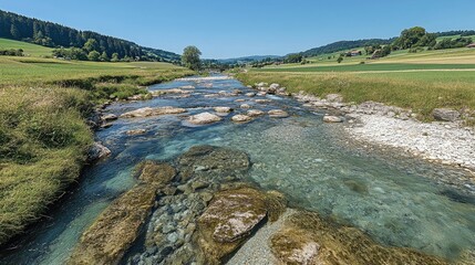The magic of Swiss summer a breathtaking view of Rosenlaui with the Wellhorn, clear blue skies, and the pristine Reichenbach River