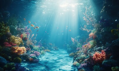 Naklejka premium Vibrant underwater scene featuring a woman snorkeling through clear blue water surrounded by coral reefs and tropical fish, bright sunlight streaming through,