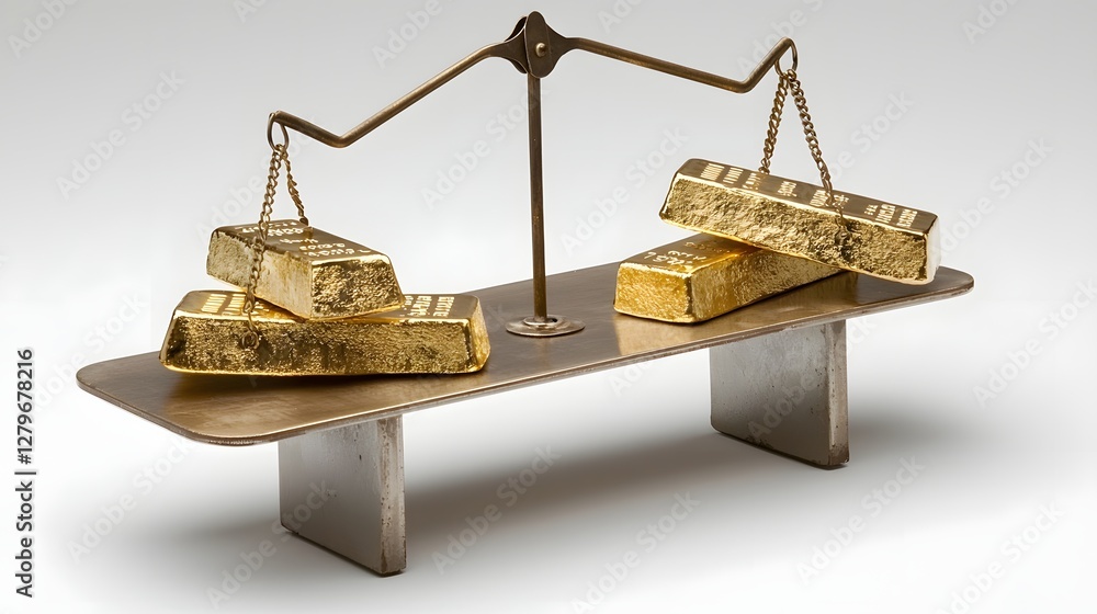 Poster a photo depicting gold bars balancing on a scale tipping upwards as a rising price chart is shown in
